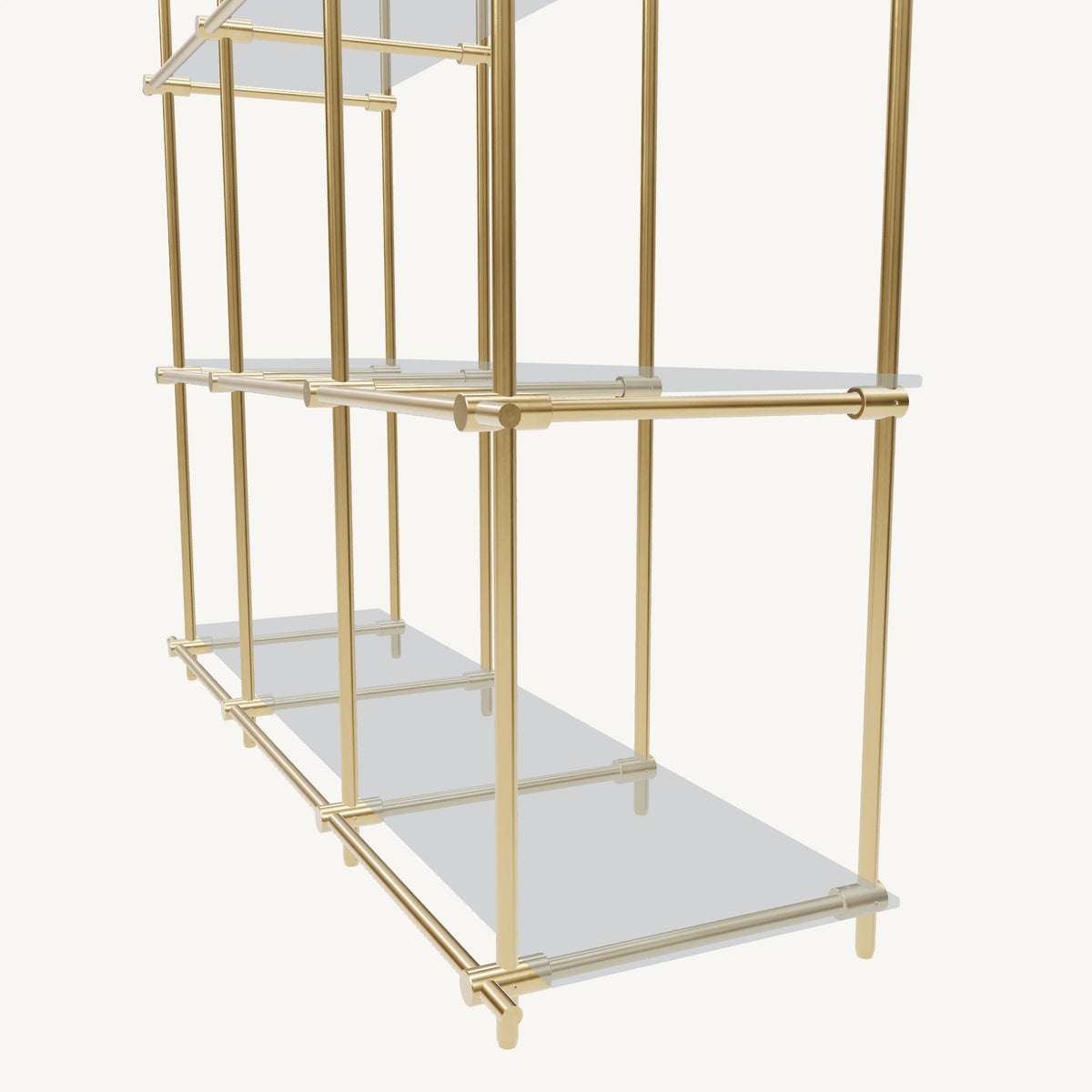 Custom ceiling-mounted solid brass shelving frame, 3 shelves, 3 sections, detail view, unlacquered satin brass finish, glass not included, BrassShelf