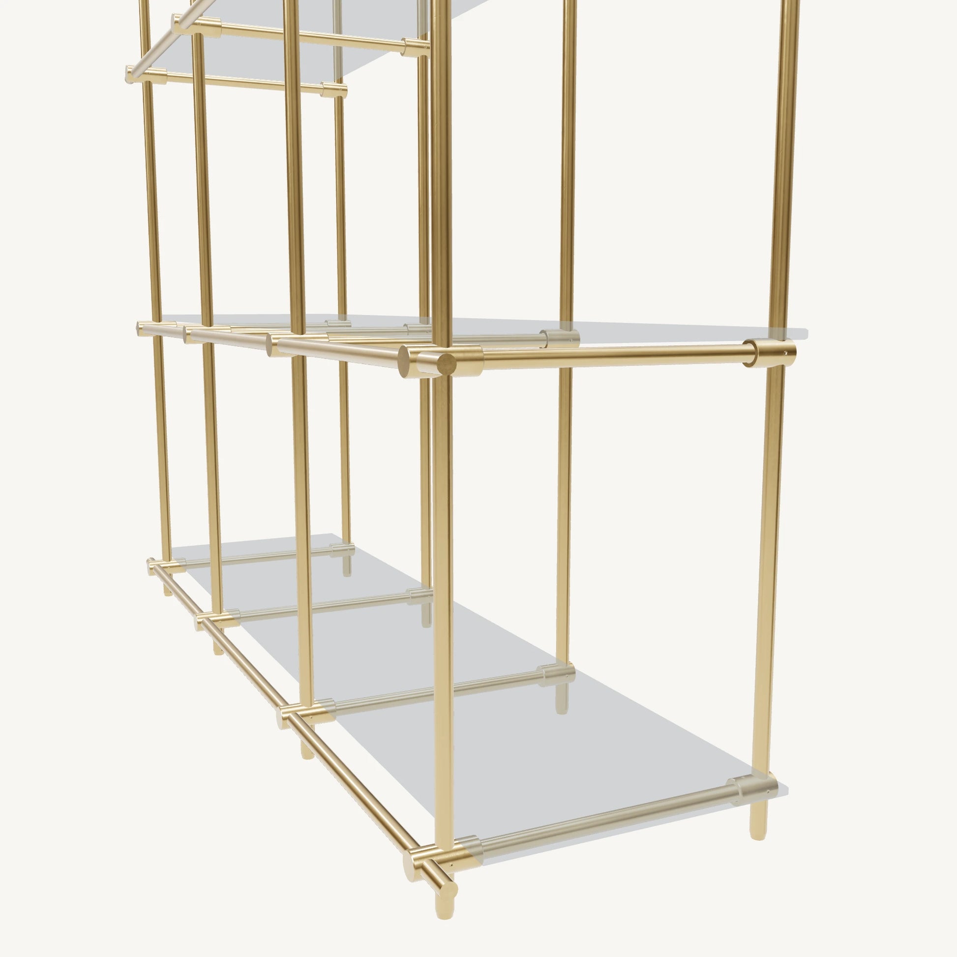 Custom ceiling-mounted solid brass shelving frame, 3 shelves, 3 sections, detail view, unlacquered satin brass finish, glass not included, BrassShelf