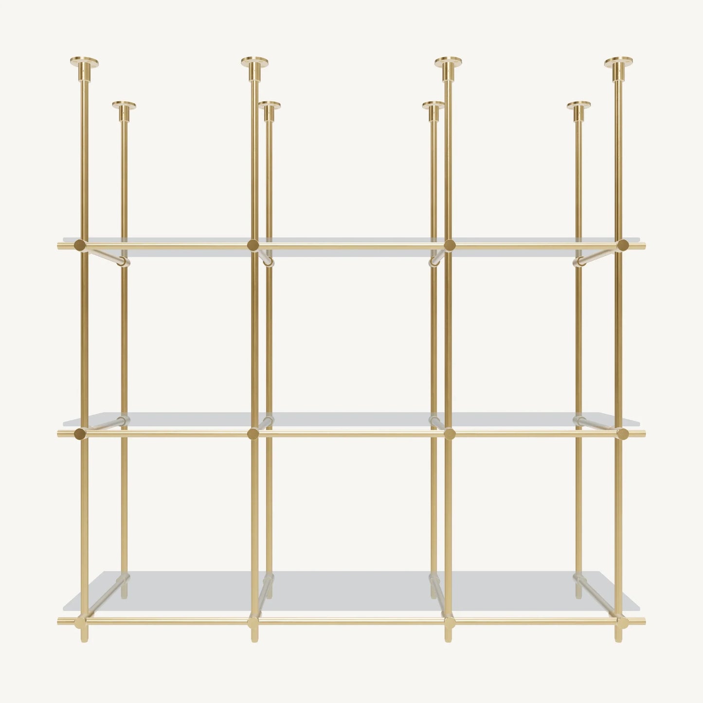 Custom ceiling-mounted solid brass shelving frame, 3 shelves 3 sections, front view, unlacquered satin brass finish, glass not included, BrassShelf