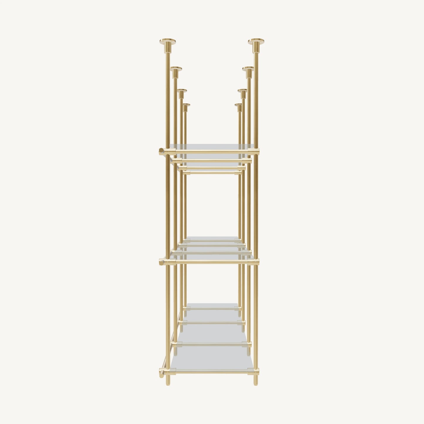 Custom ceiling-mounted solid brass shelving frame, 3 shelves, 3 sections, side view, unlacquered satin brass finish, glass not included, BrassShelf