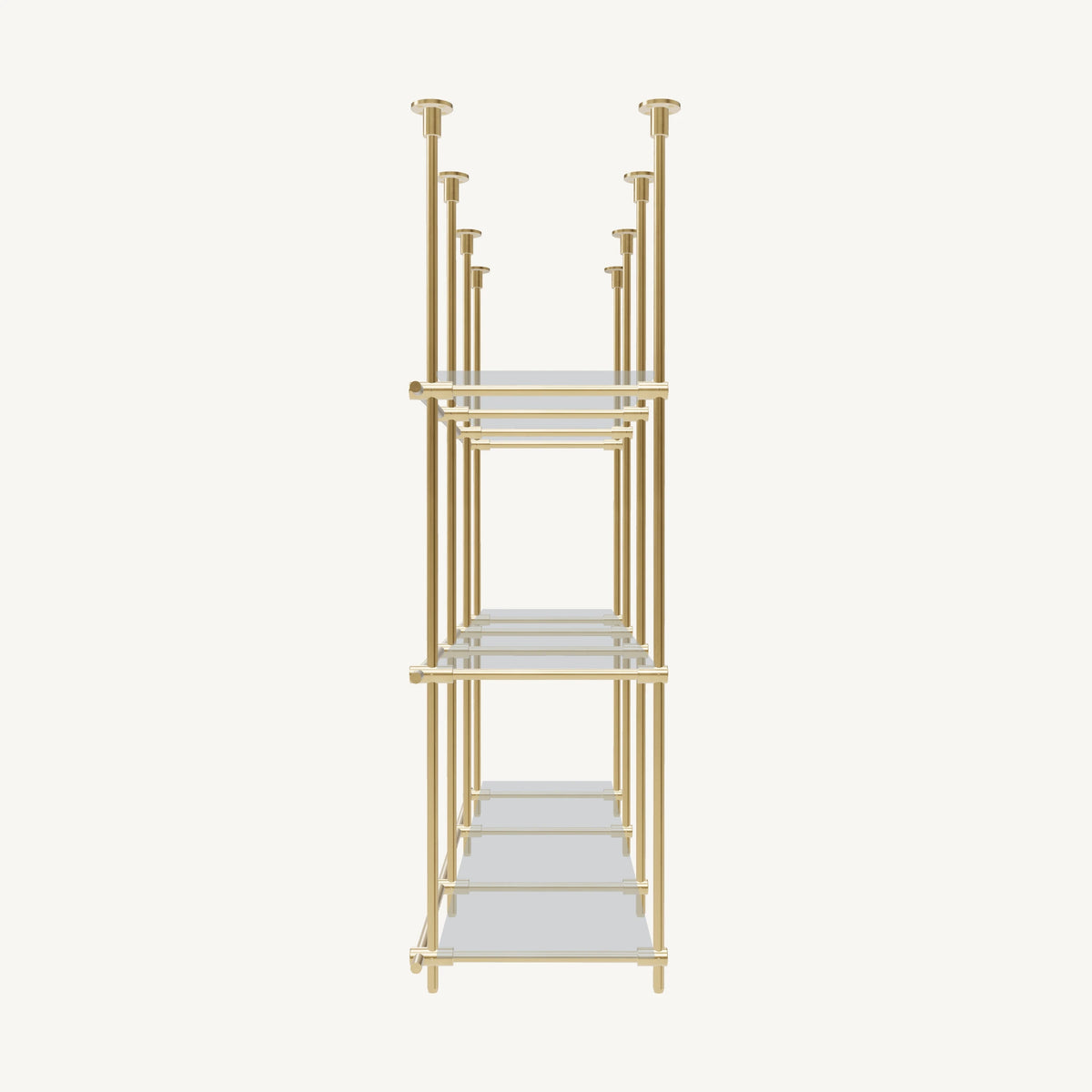 Custom ceiling-mounted solid brass shelving frame, 3 shelves, 3 sections, side view, unlacquered satin brass finish, glass not included, BrassShelf