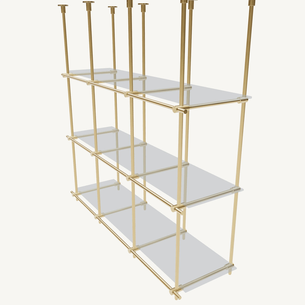 Custom ceiling-mounted solid brass shelving frame, 3 shelves, 3 sections, top view, unlacquered satin brass finish, glass not included, BrassShelf