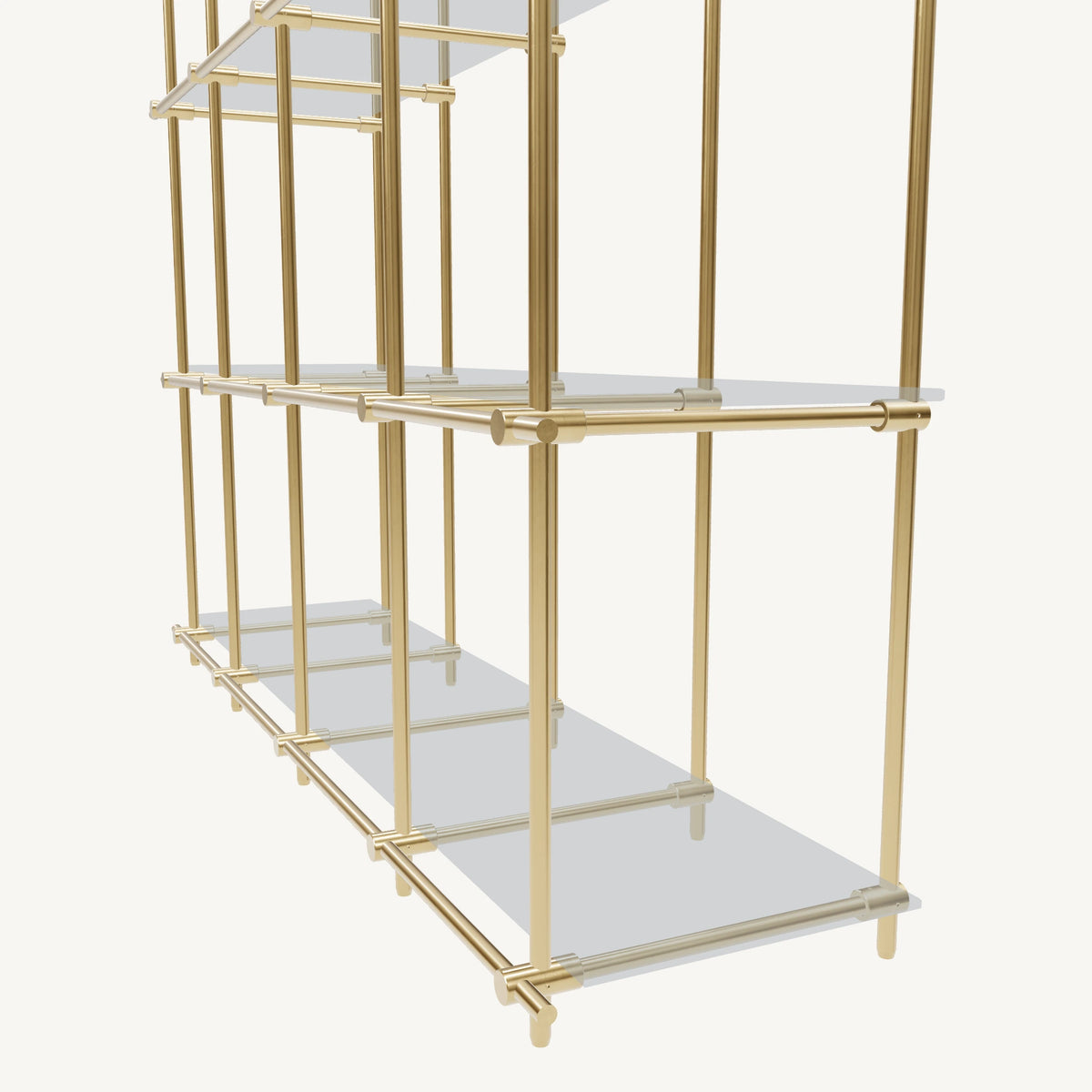 Custom ceiling-mounted solid brass shelving frame, 3 shelves, 4 sections, detail view, unlacquered satin brass finish, glass not included, BrassShelf