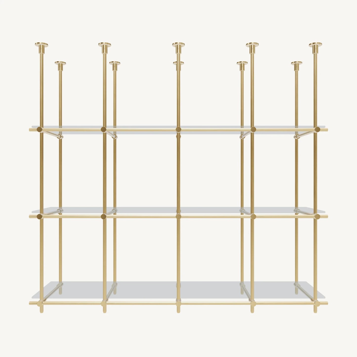 Custom ceiling-mounted solid brass shelving frame, 3 shelves 4 sections, front view, unlacquered satin brass finish, glass not included, BrassShelf