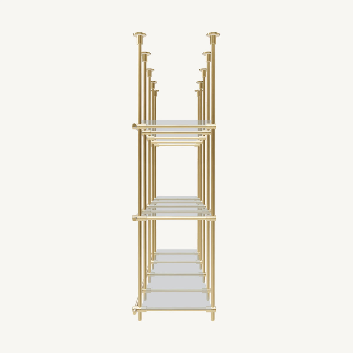 Custom ceiling-mounted solid brass shelving frame, 3 shelves, 4 sections, side view, unlacquered satin brass finish, glass not included, BrassShelf