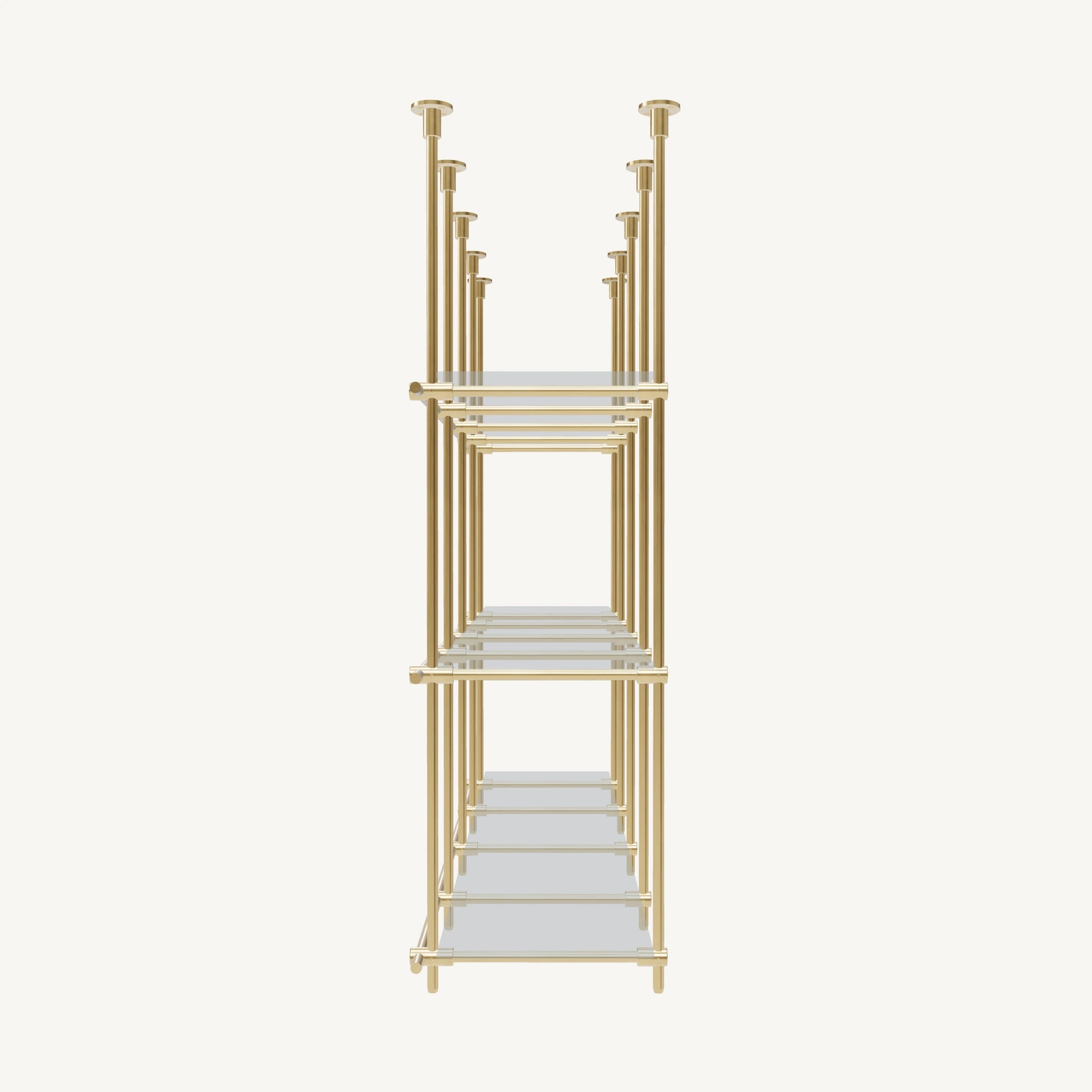 Custom ceiling-mounted solid brass shelving frame, 3 shelves, 4 sections, side view, unlacquered satin brass finish, glass not included, BrassShelf