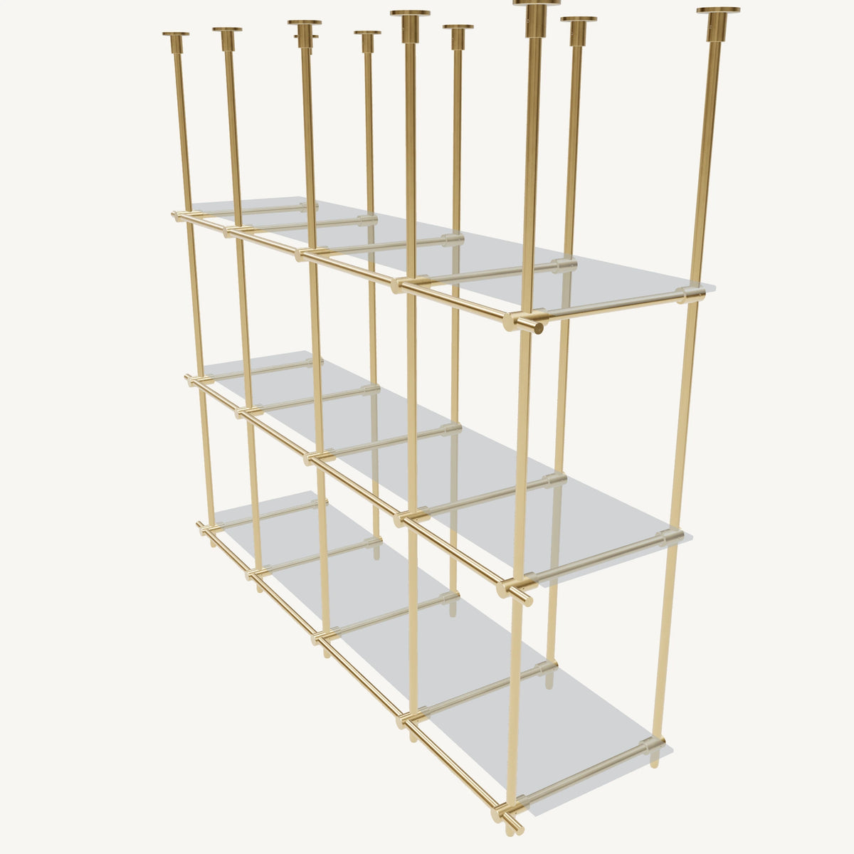 Custom ceiling-mounted solid brass shelving frame, 3 shelves, 4 sections, top view, unlacquered satin brass finish, glass not included, BrassShelf