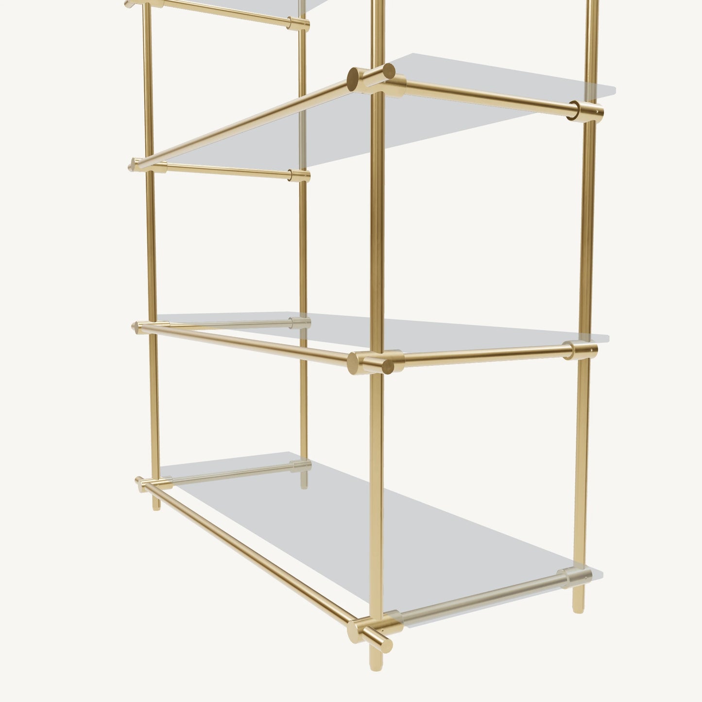 Custom ceiling-mounted solid brass shelving frame, 4 shelves, 1 section, detail view, unlacquered satin brass finish, glass not included, BrassShelf