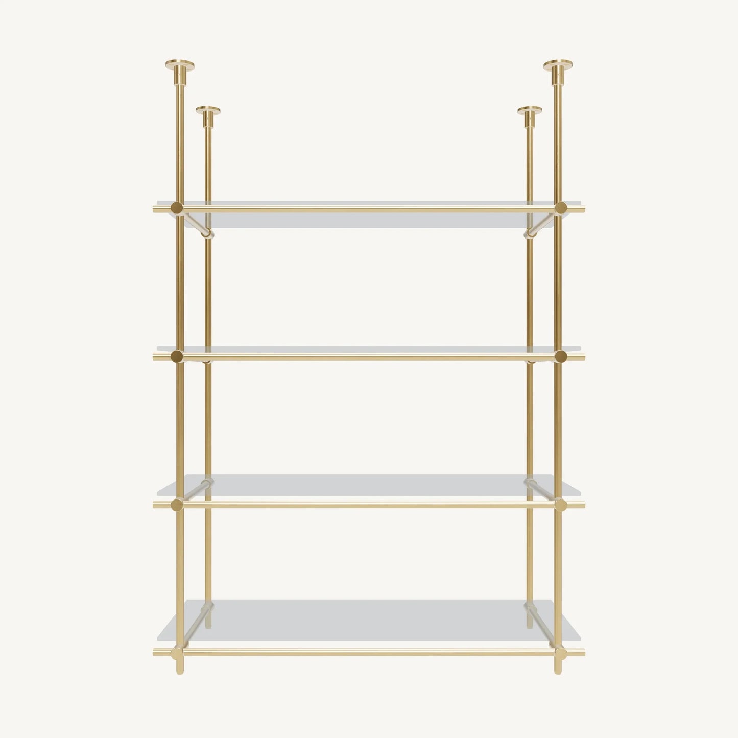 Custom ceiling-mounted solid brass shelving frame, 4 shelves 1 section, front view, unlacquered satin brass finish, glass not included, BrassShelf