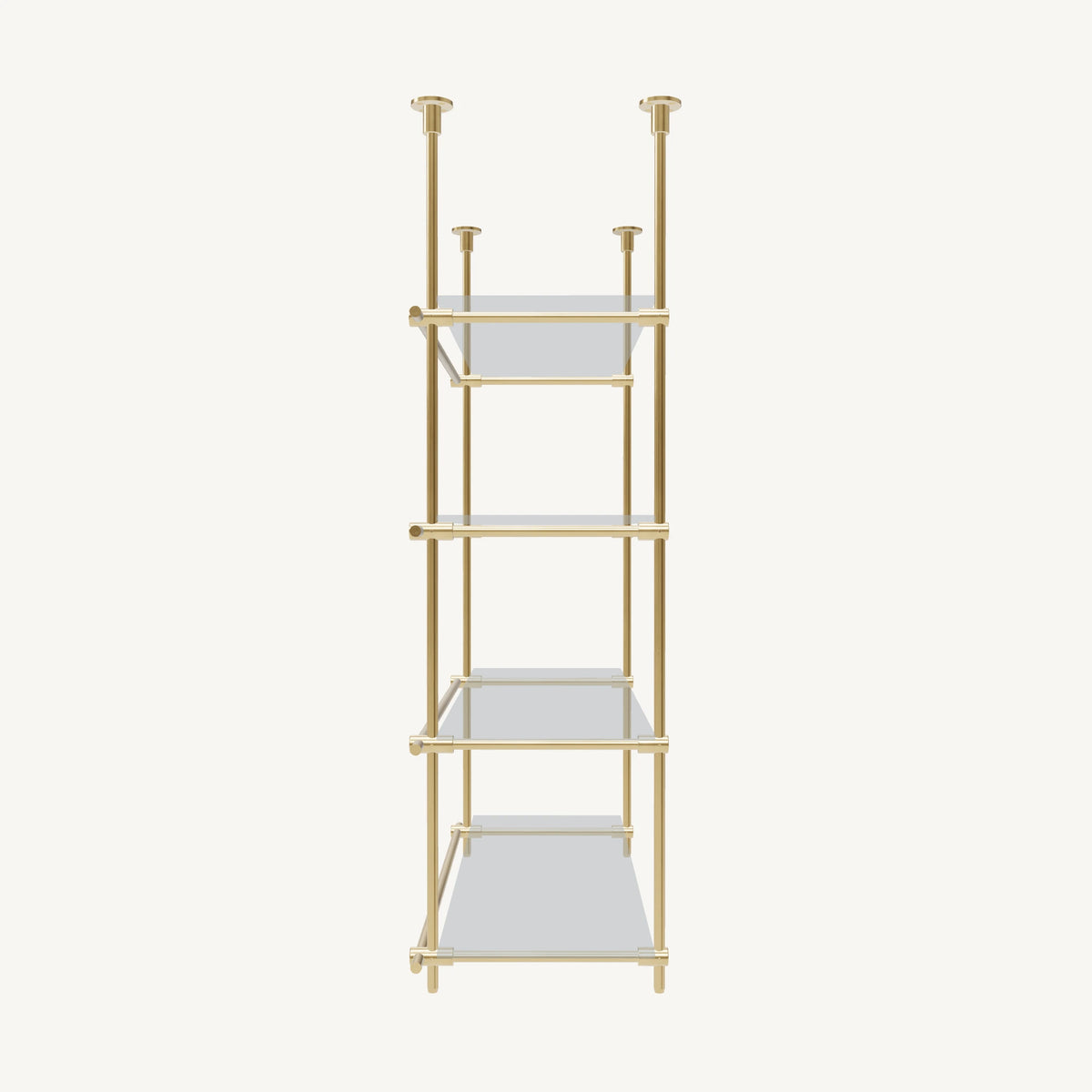 Custom ceiling-mounted solid brass shelving frame, 4 shelves, 1 section, side view, unlacquered satin brass finish, glass not included, BrassShelf