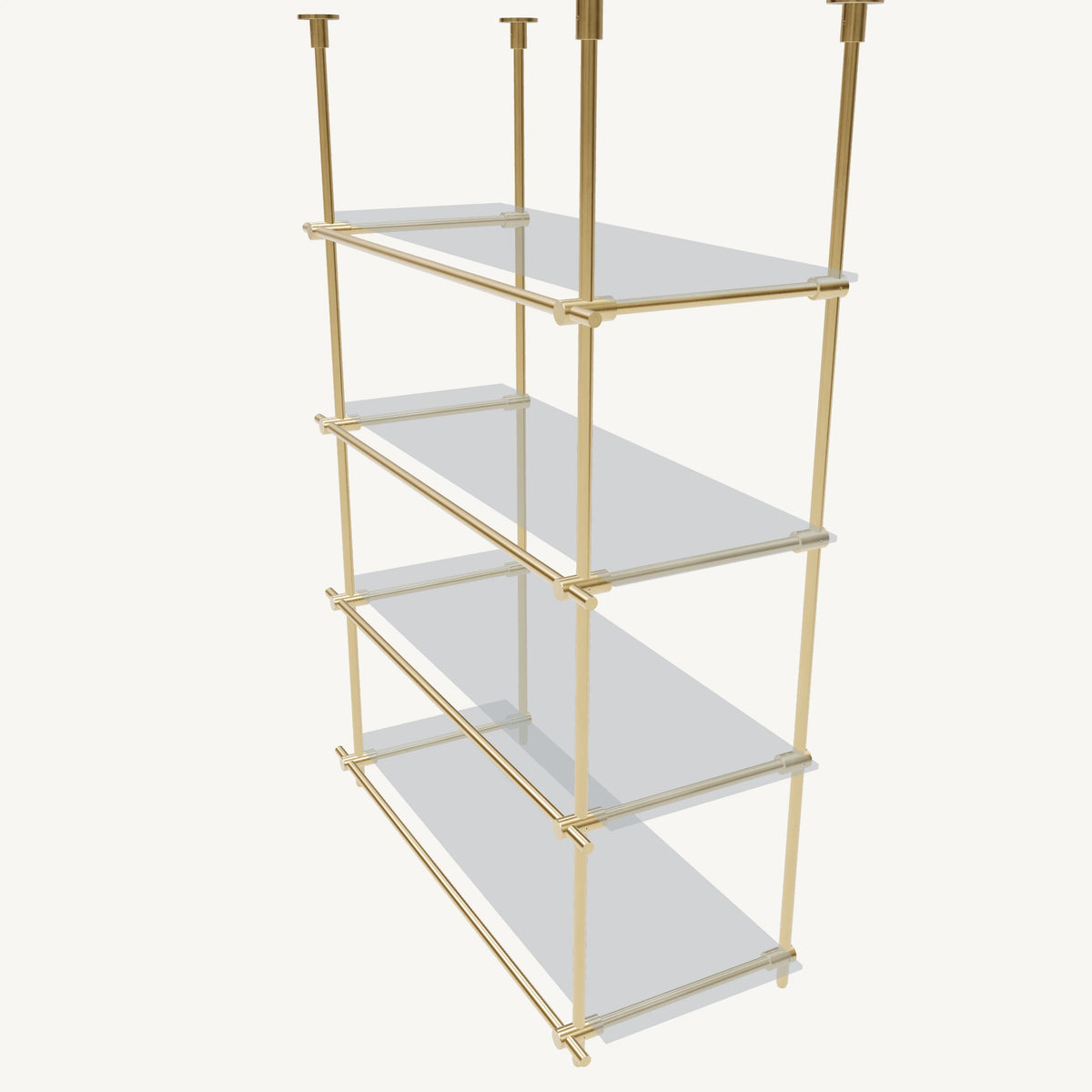 Custom ceiling-mounted solid brass shelving frame, 4 shelves, 1 section, top view, unlacquered satin brass finish, glass not included, BrassShelf