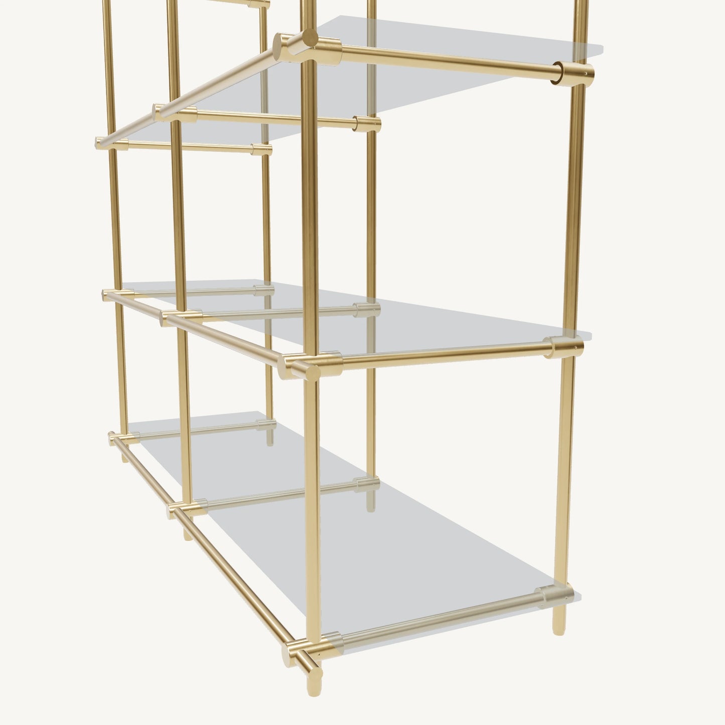Custom ceiling-mounted solid brass shelving frame, 4 shelves, 2 sections, detail view, unlacquered satin brass finish, glass not included, BrassShelf