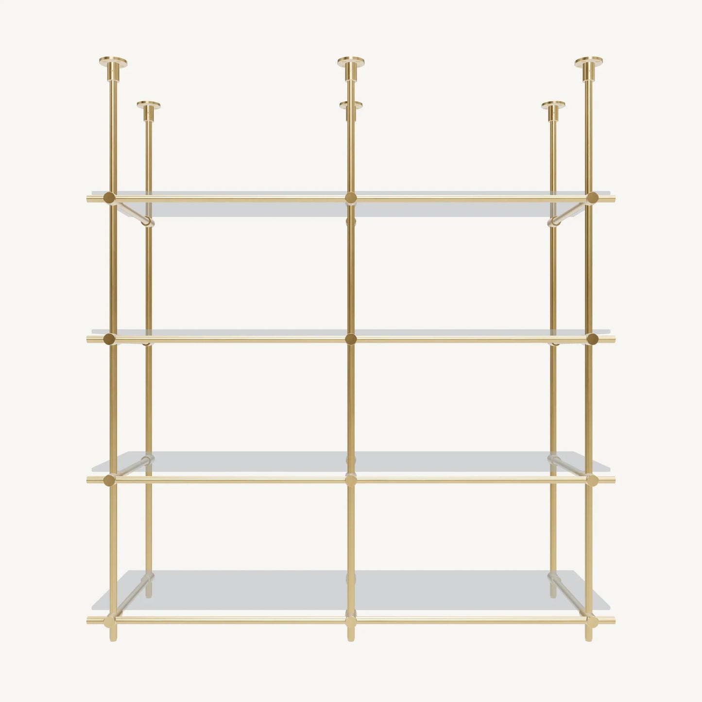 Custom ceiling-mounted solid brass shelving frame, 4 shelves 2 sections, front view, unlacquered satin brass finish, glass not included, BrassShelf