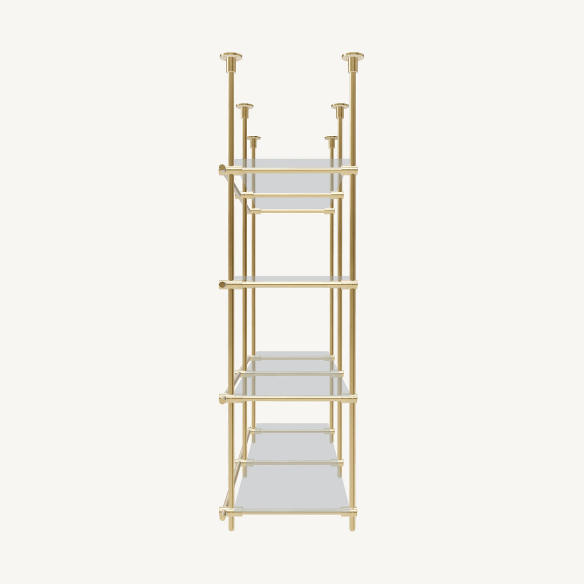 Custom ceiling-mounted solid brass shelving frame, 4 shelves, 2 sections, side view, unlacquered satin brass finish, glass not included, BrassShelf