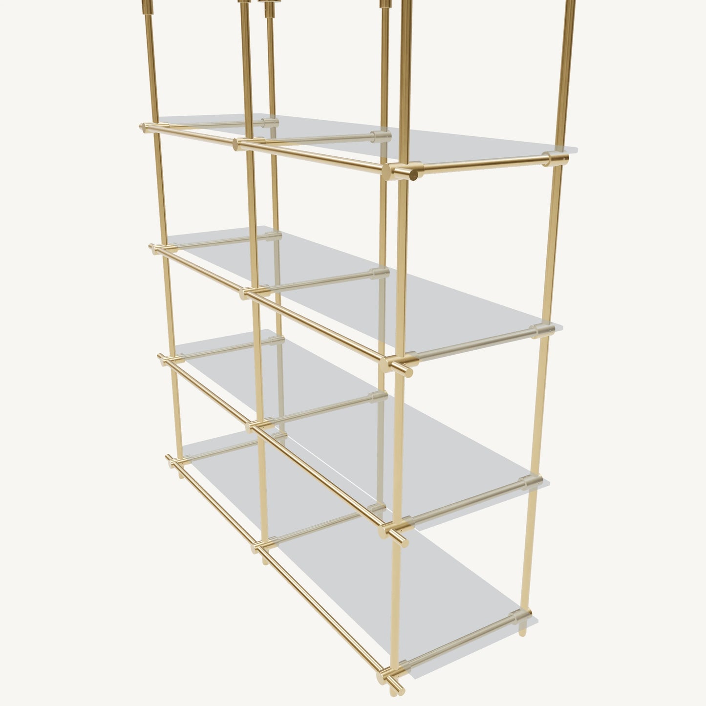 Custom ceiling-mounted solid brass shelving frame, 4 shelves, 2 sections, top view, unlacquered satin brass finish, glass not included, BrassShelf