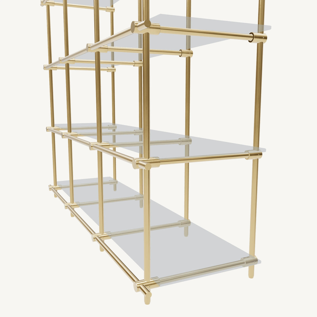 Custom ceiling-mounted solid brass shelving frame, 4 shelves, 3 sections, detail view, unlacquered satin brass finish, glass not included, BrassShelf