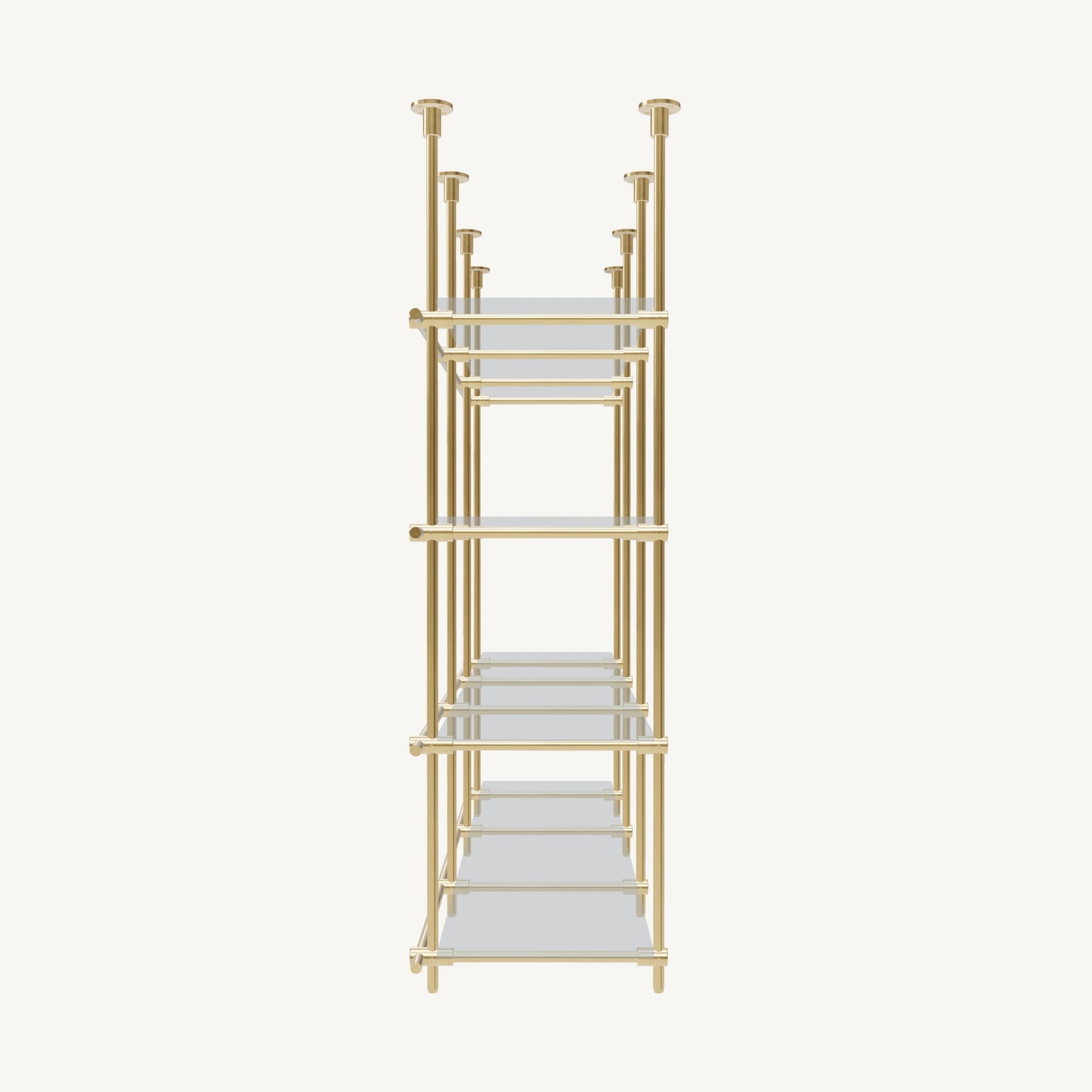Custom ceiling-mounted solid brass shelving frame, 4 shelves, 3 sections, side view, unlacquered satin brass finish, glass not included, BrassShelf