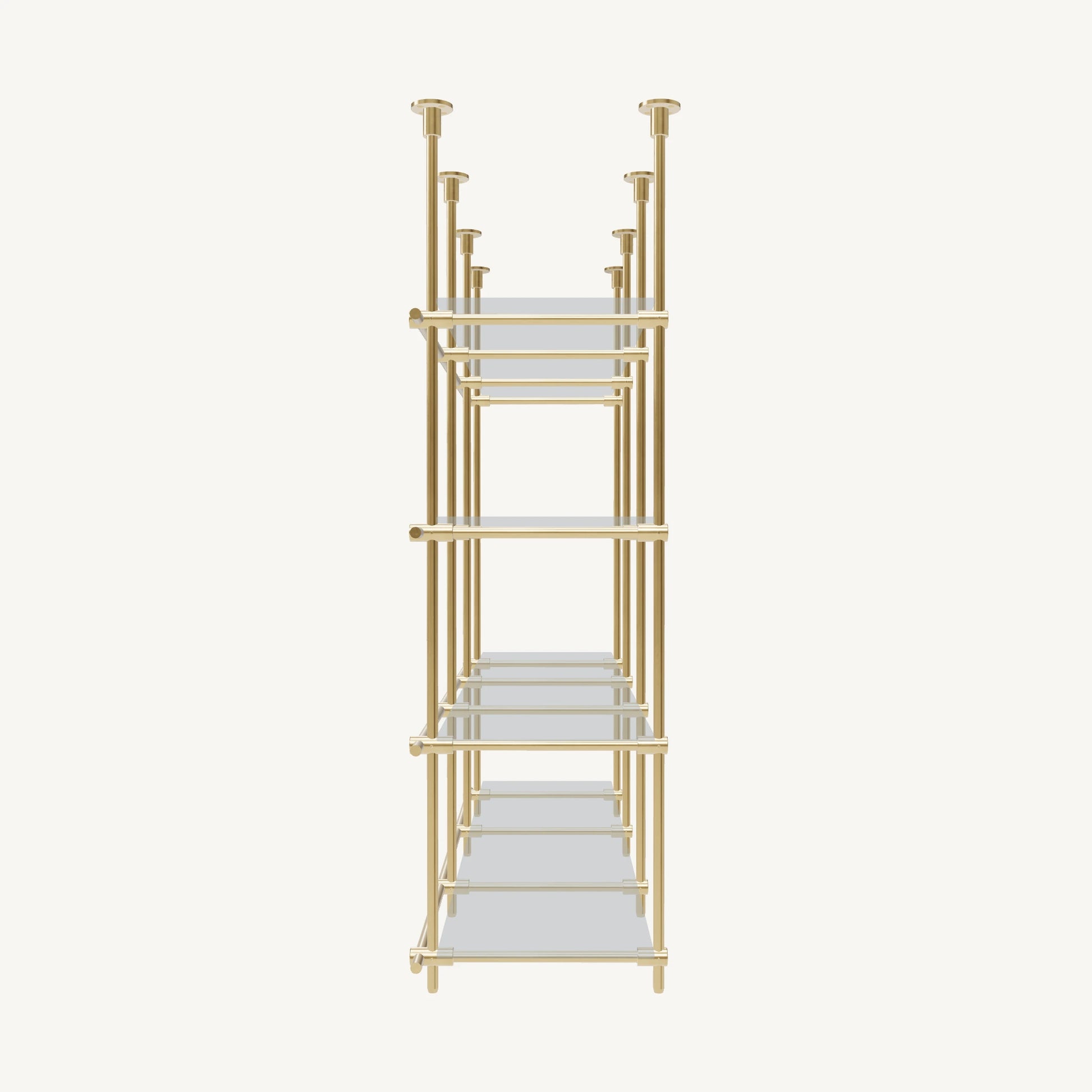 Custom ceiling-mounted solid brass shelving frame, 4 shelves, 3 sections, side view, unlacquered satin brass finish, glass not included, BrassShelf