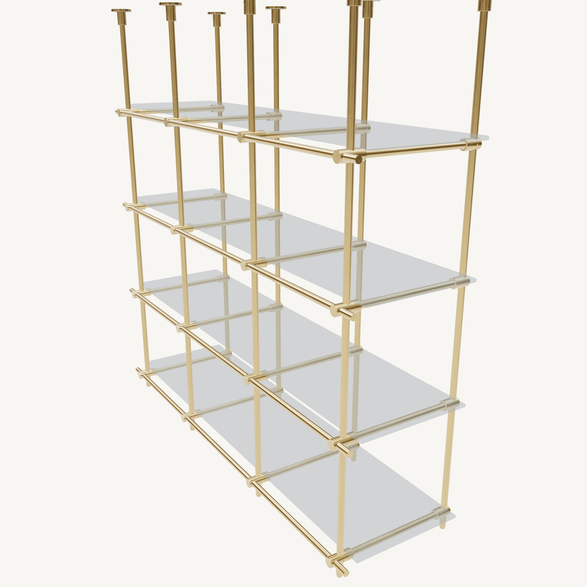 Custom ceiling-mounted solid brass shelving frame, 4 shelves, 3 sections, top view, unlacquered satin brass finish, glass not included, BrassShelf