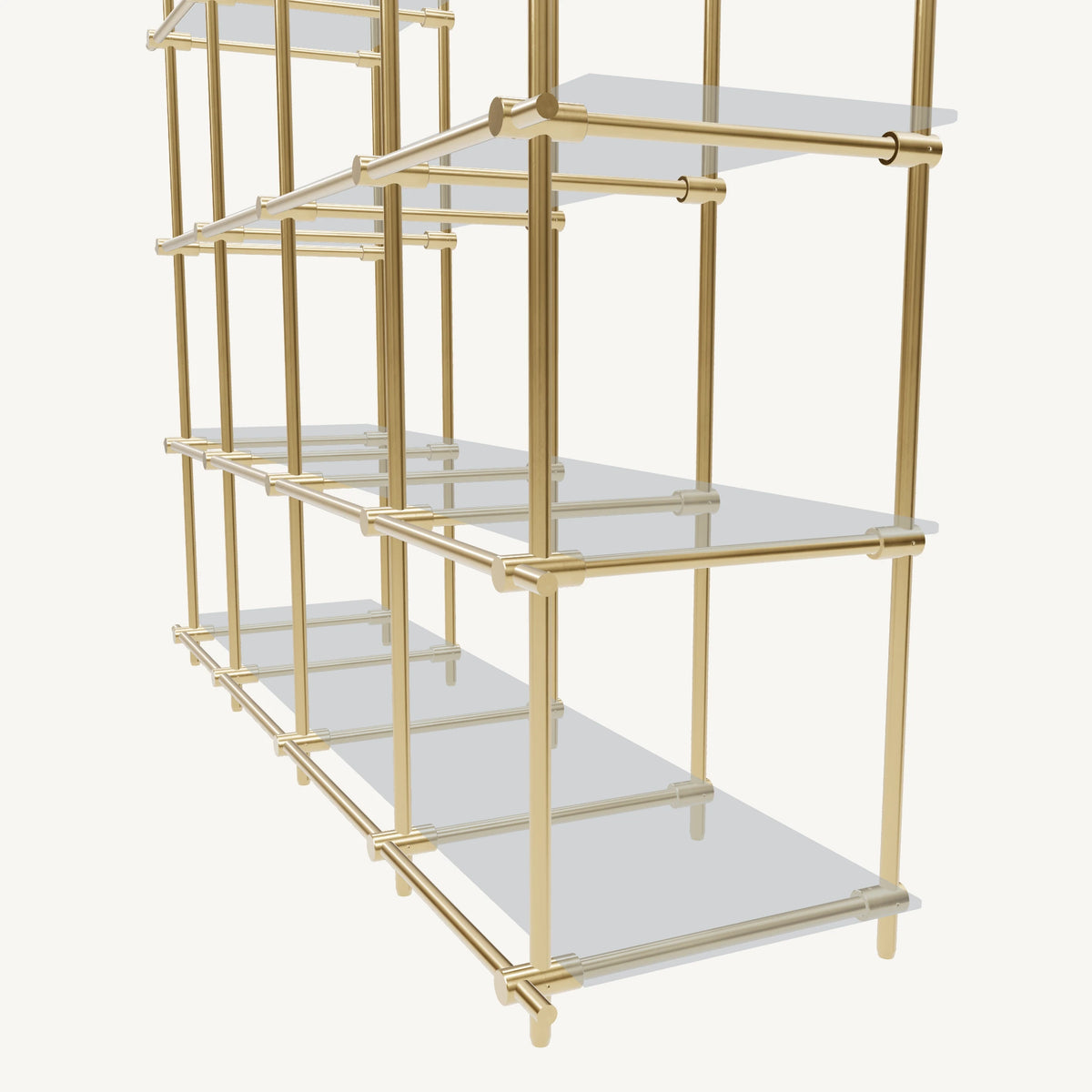 Custom ceiling-mounted solid brass shelving frame, 4 shelves, 4 sections, detail view, unlacquered satin brass finish, glass not included, BrassShelf