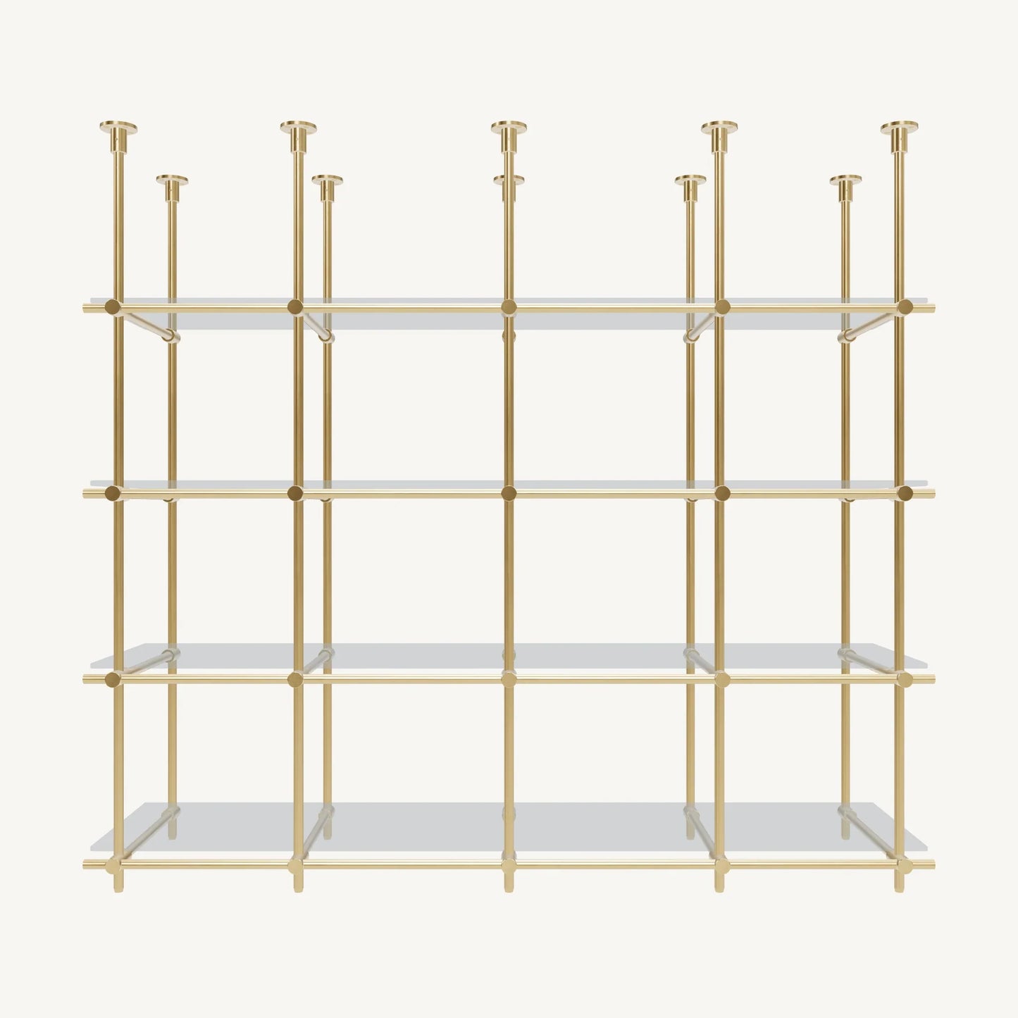 Custom ceiling-mounted solid brass shelving frame, 4 shelves 4 sections, front view, unlacquered satin brass finish, glass not included, BrassShelf
