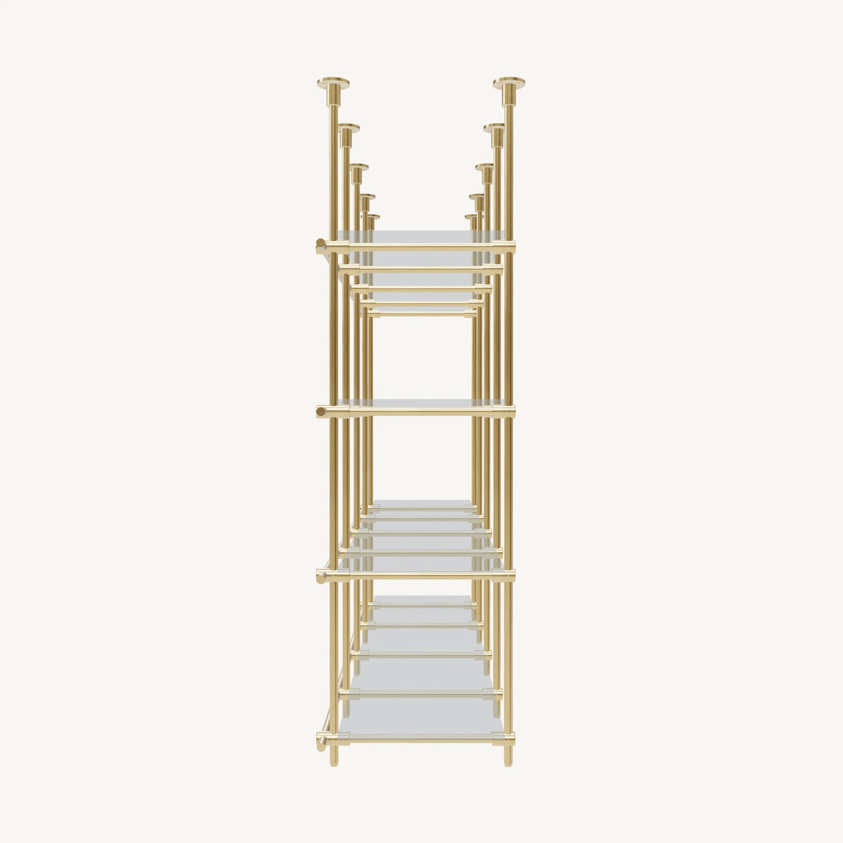Custom ceiling-mounted solid brass shelving frame, 4 shelves, 4 sections, side view, unlacquered satin brass finish, glass not included, BrassShelf