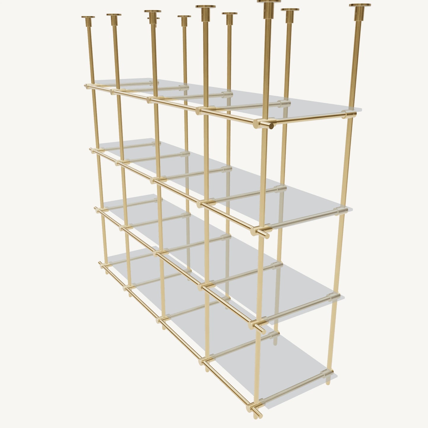 Custom ceiling-mounted solid brass shelving frame, 4 shelves, 4 sections, top view, unlacquered satin brass finish, glass not included, BrassShelf