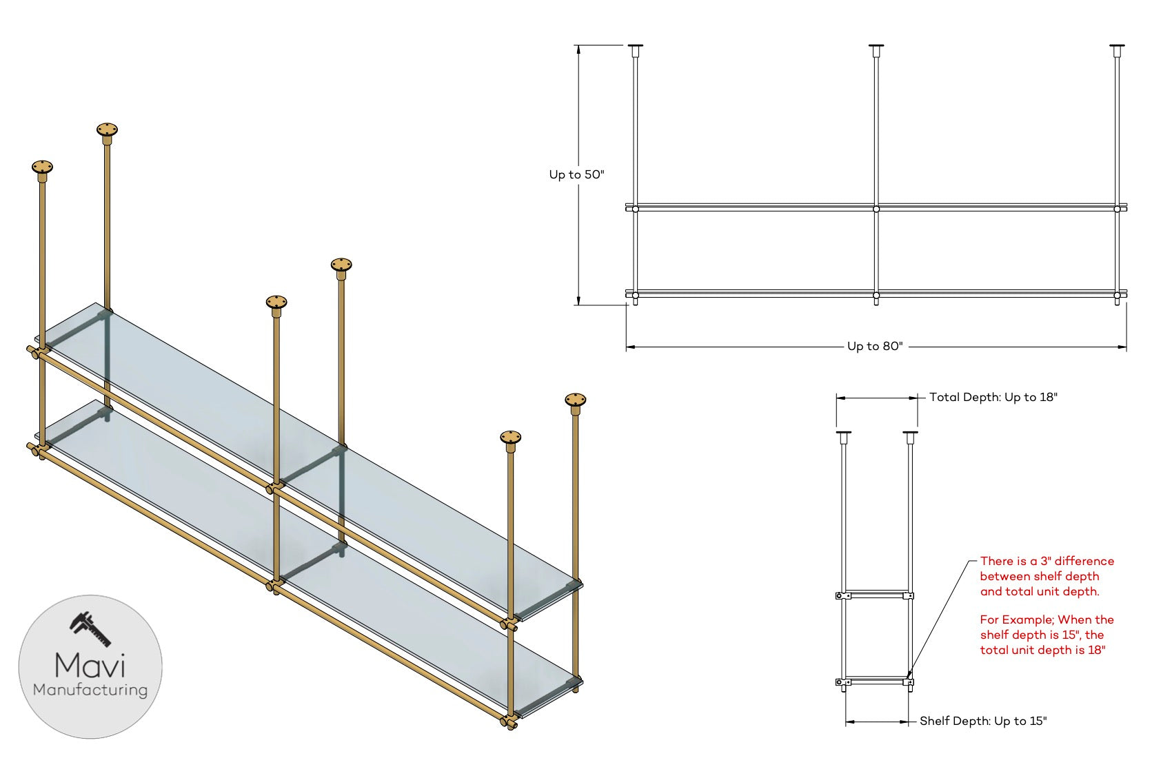 Technical drawing of a ceiling-mounted brass shelving unit with 2 shelves, showing customizable measurements up to 50” in height, 80” in width, and 15” in shelf depth, including brass fittings and detailed layout.