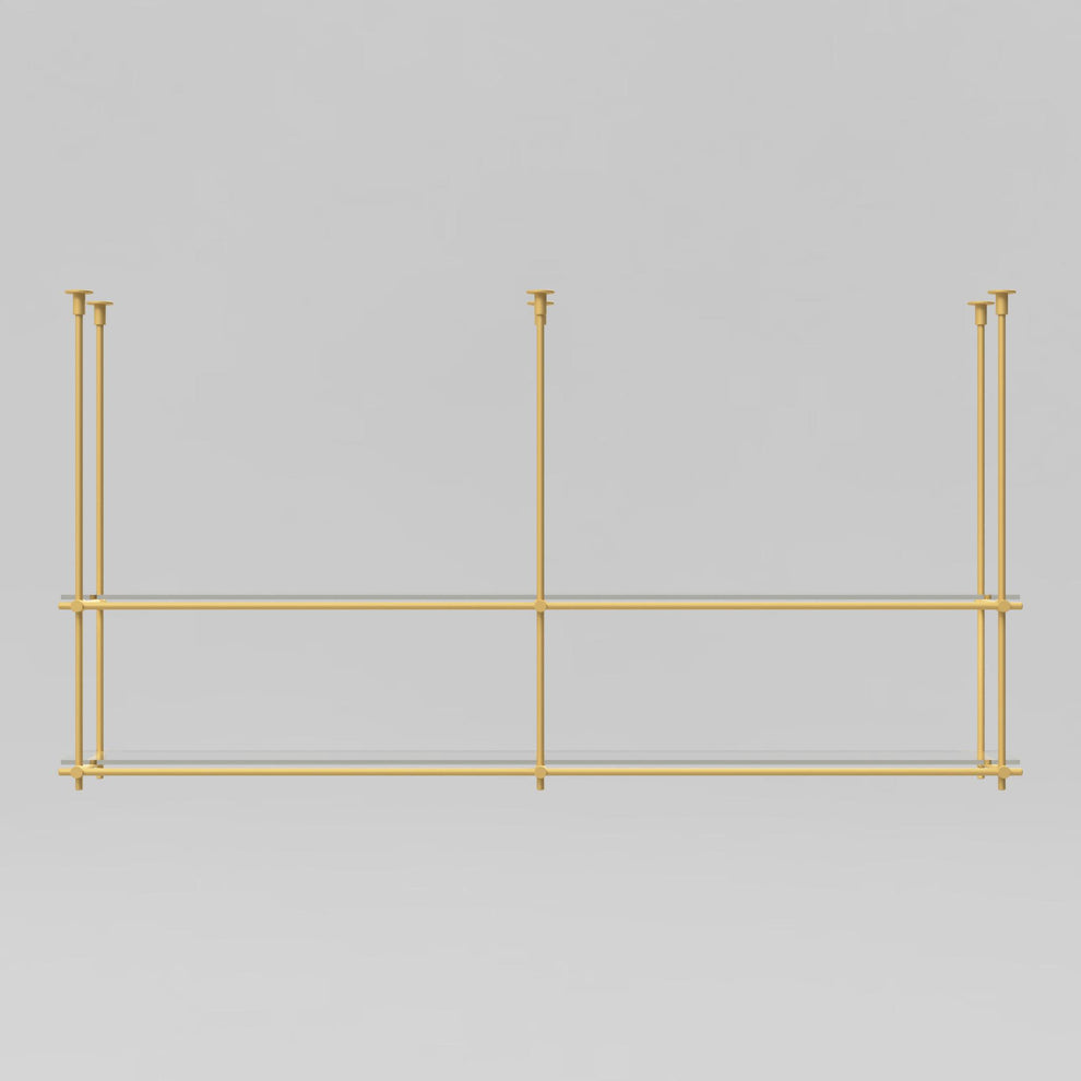 Custom Brass CeilingMounted Glass Bar Shelving for Bistro or Wet Bar