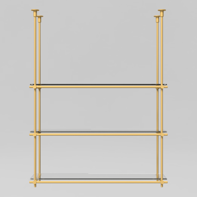 Front view of ceiling-mounted brass shelving unit with 3 shelves, showing the sleek design and customizable dimensions.