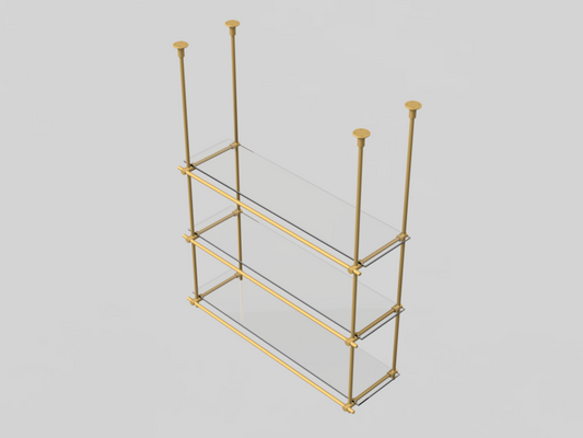 Home view of custom ceiling-mounted brass shelving unit with 3 shelves, featuring a brushed or polished brass finish.