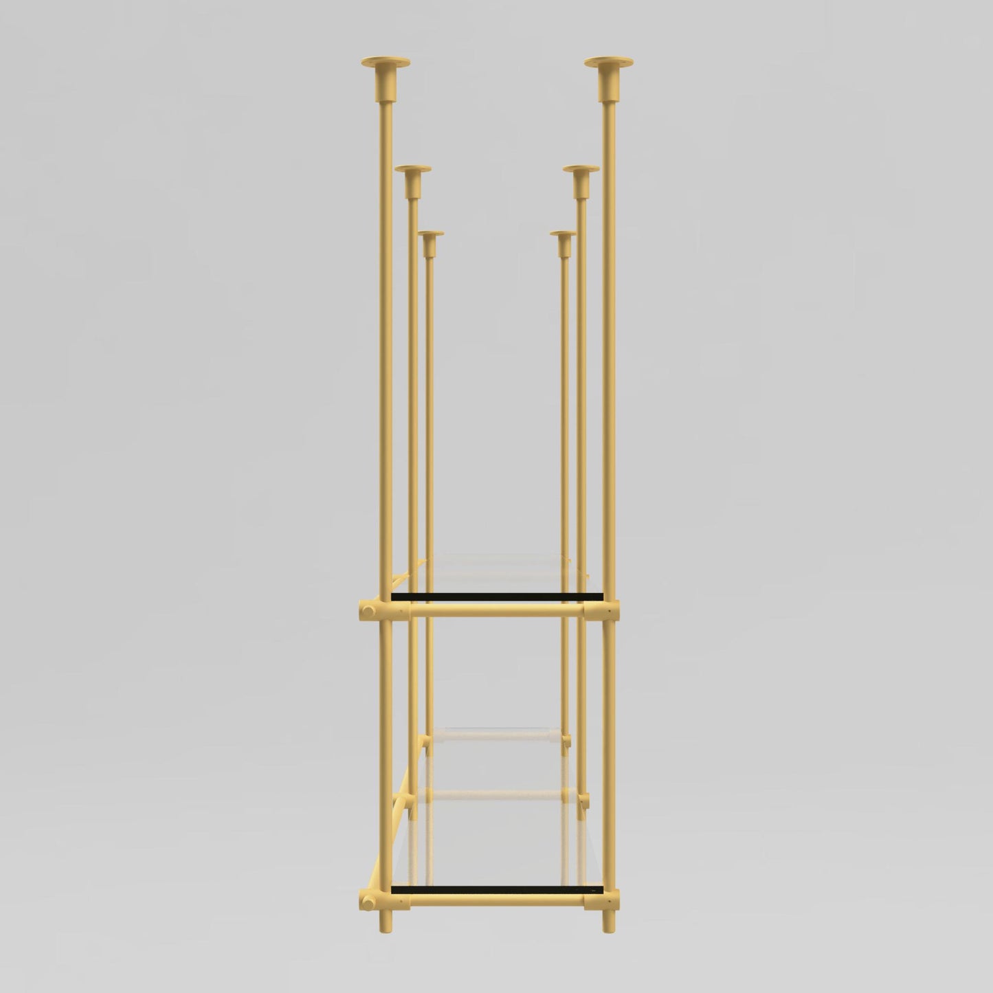 Side view of a ceiling-mounted brass shelving unit showcasing glass shelves and support bars.