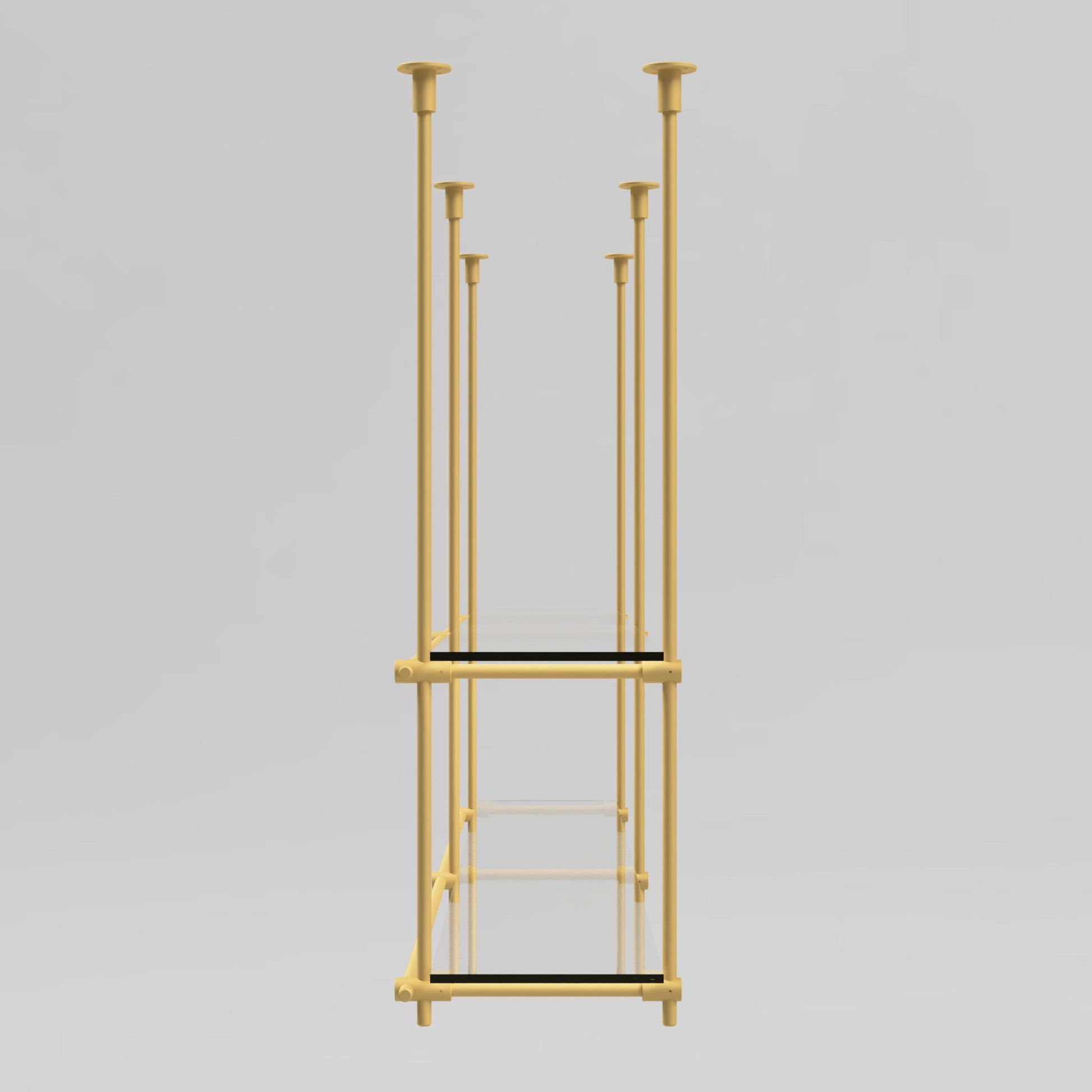 Side view of a ceiling-mounted brass shelving unit showcasing glass shelves and support bars.