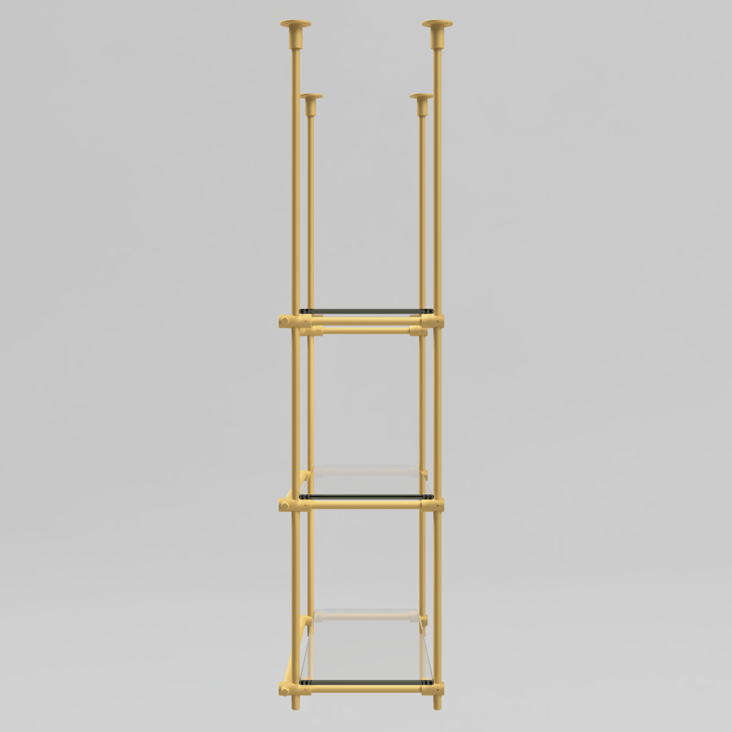 Side view of the brass and glass ceiling-mounted shelving unit with 3 shelves, highlighting the brass bars and shelf arrangement.