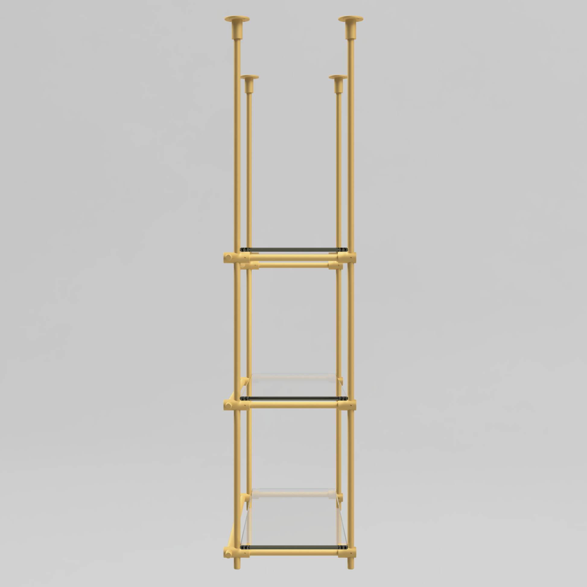 Side view of the brass and glass ceiling-mounted shelving unit with 3 shelves, highlighting the brass bars and shelf arrangement.