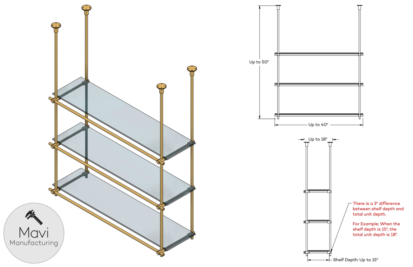 Technical drawing of the 3-shelf ceiling-mounted brass shelving unit, showing detailed measurements and customization options.