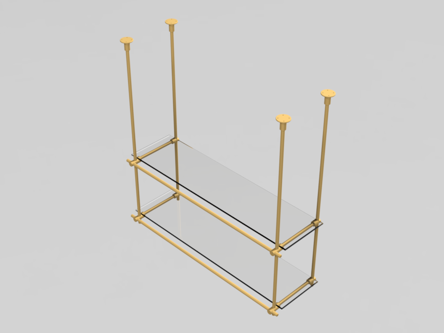 Home view of a customizable ceiling-mounted brass shelving unit with 2 shelves, featuring solid brass bars in a brushed or polished finish, suitable for glass or wooden shelves.