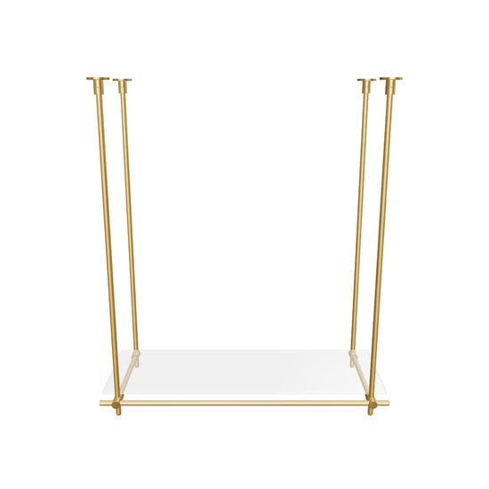 Custom ceiling-mounted solid brass shelving frame, 1 shelf, 1 section, 3D AR model, unlacquered satin brass finish, glass not included, BrassShelf