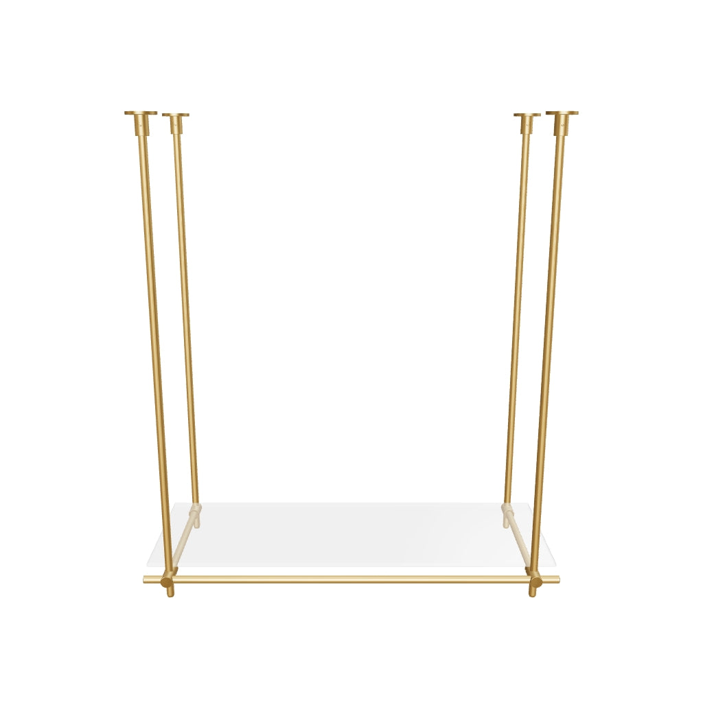 Custom ceiling-mounted solid brass shelving frame, 1 shelf, 1 section, 3D AR model, unlacquered satin brass finish, glass not included, BrassShelf
