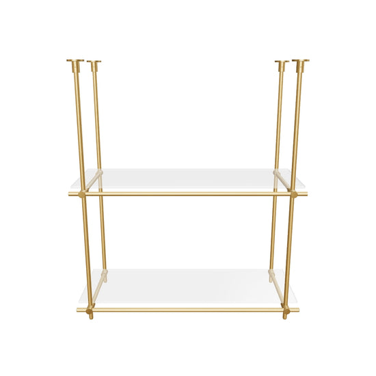 Custom ceiling-mounted solid brass shelving frame, 2 shelves, 1 section, 3D AR model, unlacquered satin brass finish, glass not included, BrassShelf