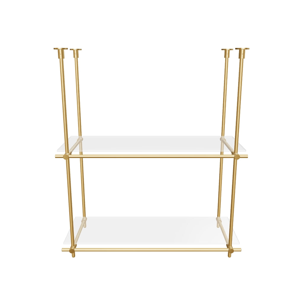 Custom ceiling-mounted solid brass shelving frame, 2 shelves, 1 section, 3D AR model, unlacquered satin brass finish, glass not included, BrassShelf