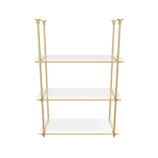 Custom ceiling-mounted solid brass shelving frame, 3 shelves, 1 section, 3D AR model, unlacquered satin brass finish, glass not included, BrassShelf
