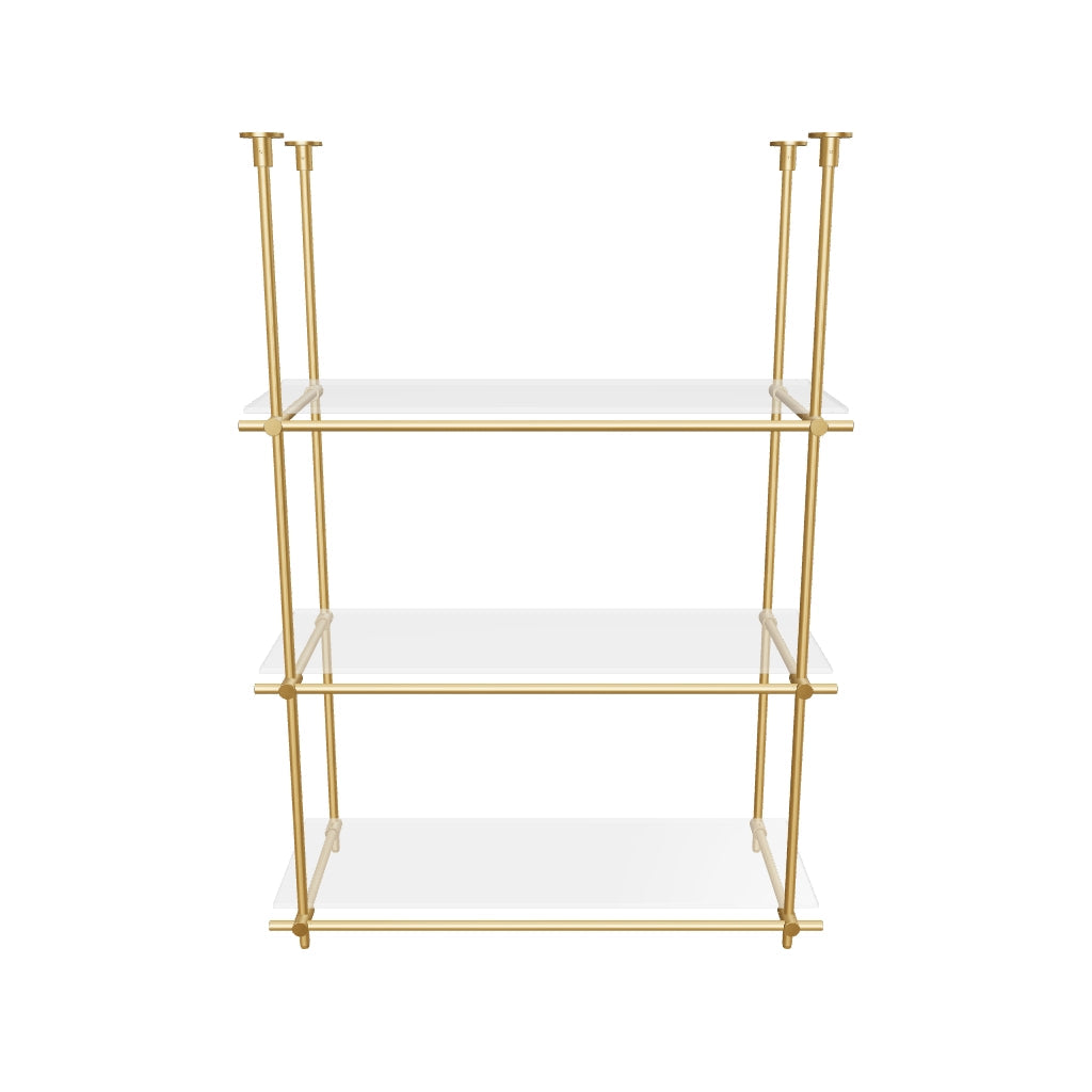Custom ceiling-mounted solid brass shelving frame, 3 shelves, 1 section, 3D AR model, unlacquered satin brass finish, glass not included, BrassShelf