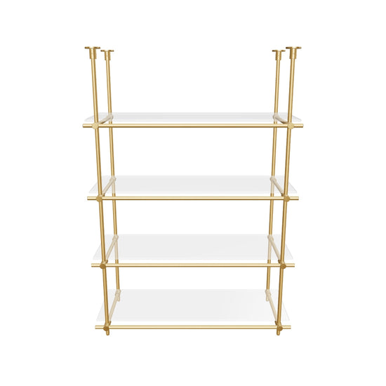 Custom ceiling-mounted solid brass shelving frame, 4 shelves, 1 section, 3D AR model, unlacquered satin brass finish, glass not included, BrassShelf