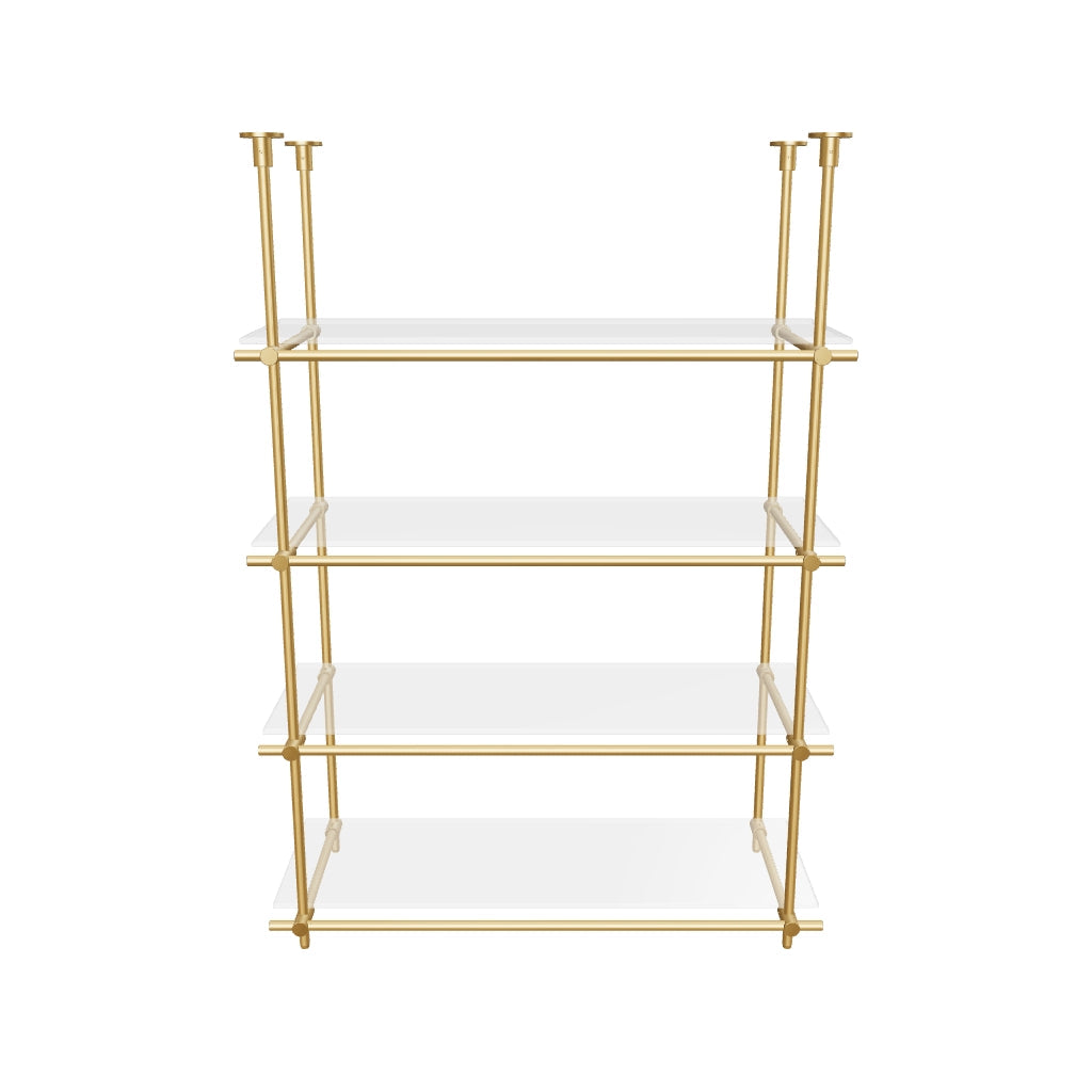 Custom ceiling-mounted solid brass shelving frame, 4 shelves, 1 section, 3D AR model, unlacquered satin brass finish, glass not included, BrassShelf
