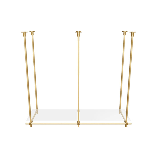 Custom ceiling-mounted solid brass shelving frame, 1 shelf, 2 sections, 3D AR model, unlacquered satin brass finish, glass not included, BrassShelf