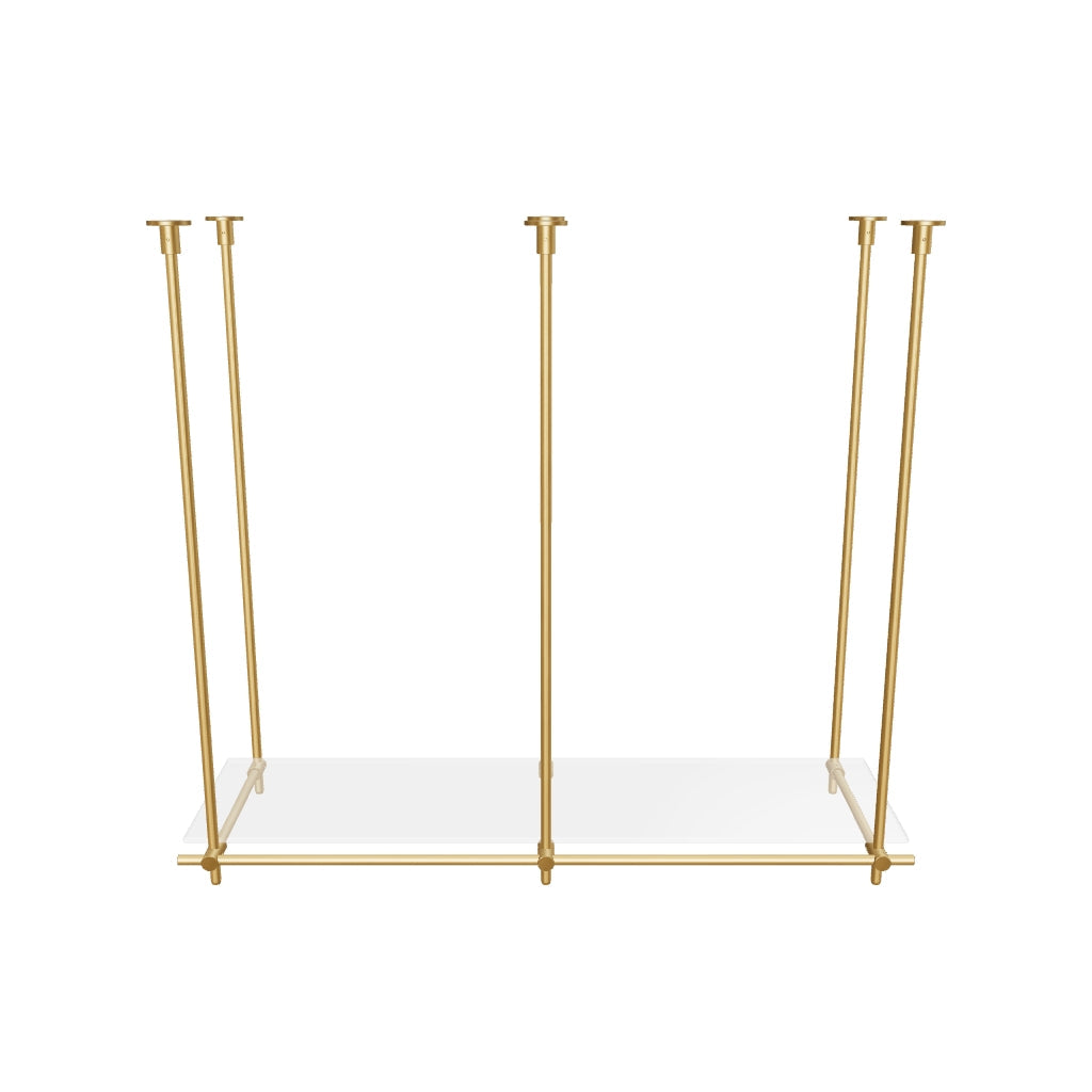 Custom ceiling-mounted solid brass shelving frame, 1 shelf, 2 sections, 3D AR model, unlacquered satin brass finish, glass not included, BrassShelf