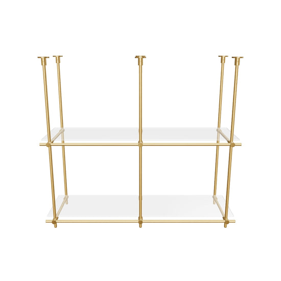 Custom ceiling-mounted solid brass shelving frame, 2 shelves, 2 sections, 3D AR model, unlacquered satin brass finish, glass not included, BrassShelf