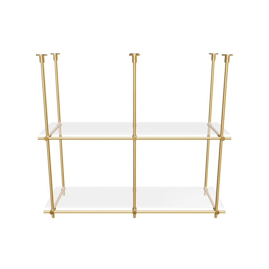 Custom ceiling-mounted solid brass shelving frame, 2 shelves, 2 sections, 3D AR model, unlacquered satin brass finish, glass not included, BrassShelf