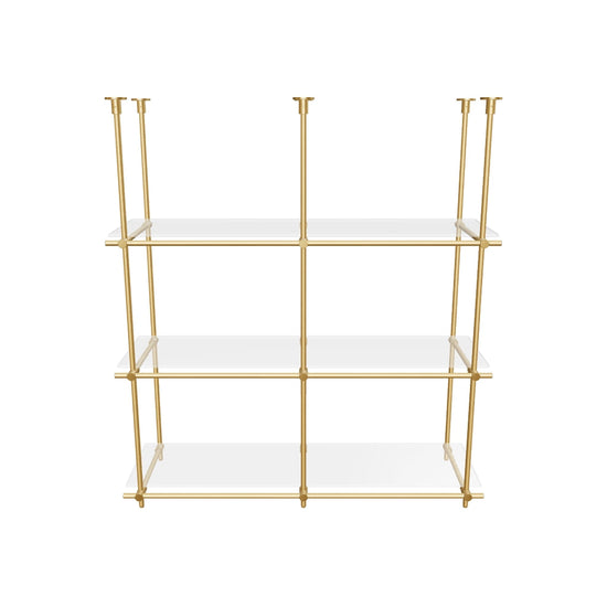 Custom ceiling-mounted solid brass shelving frame, 3 shelves, 2 sections, 3D AR model, unlacquered satin brass finish, glass not included, BrassShelf